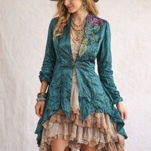 Lee Anderson Artsy Jacket Duster Long Crinkled Taffeta Sz S Whimsigoth Teal